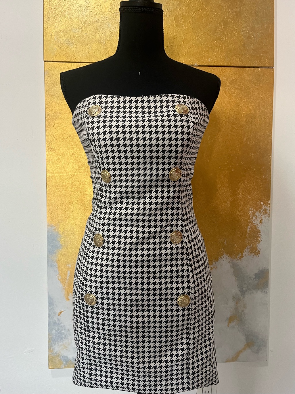 Flavio Castellani Strapless Houndstooth Bodycon Dress W Gold Buttons Size It 44
